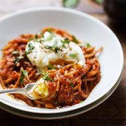 Spaghetti Marinara with Poached Eggs - this is my new thing. SO good! | pinchofyum.com