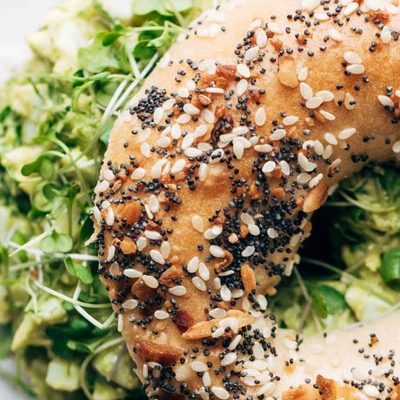 Avocado Egg Salad on an everything bagel.