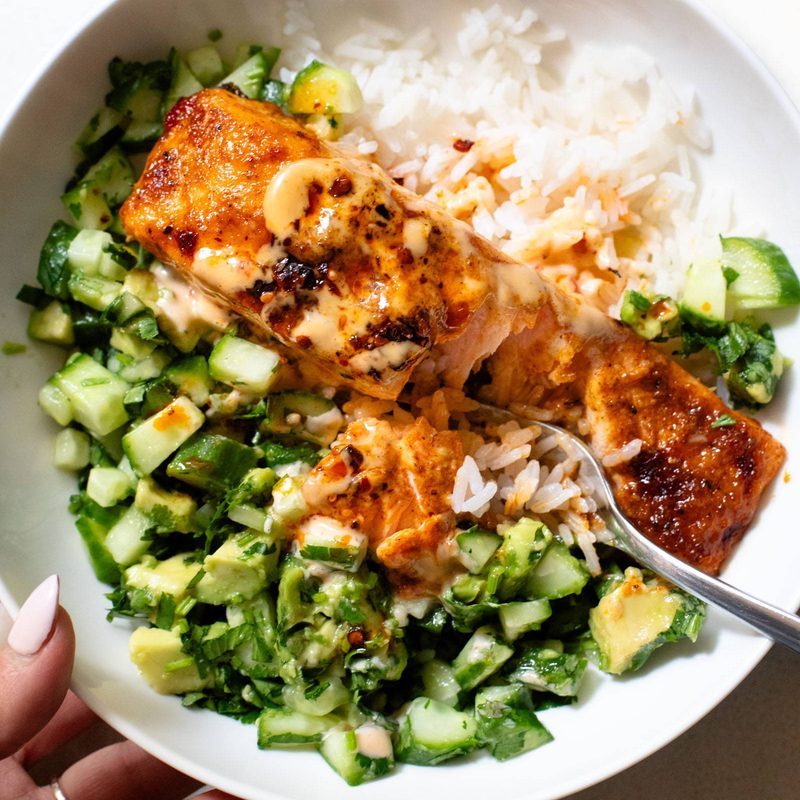 A picture of Bang Bang Salmon with Avocado Cucumber Salsa