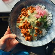 A picture of Butter Cauliflower and Chickpeas with Mint Cilantro Sauce