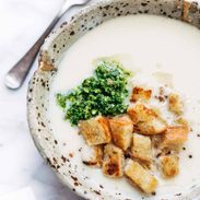 A picture of 5 Ingredient Creamy Cauliflower Soup with Kale Pesto