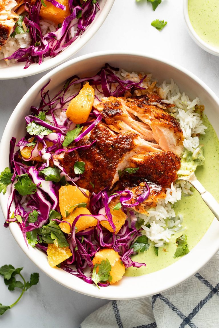 Chipotle salmon with rice and aji verde.