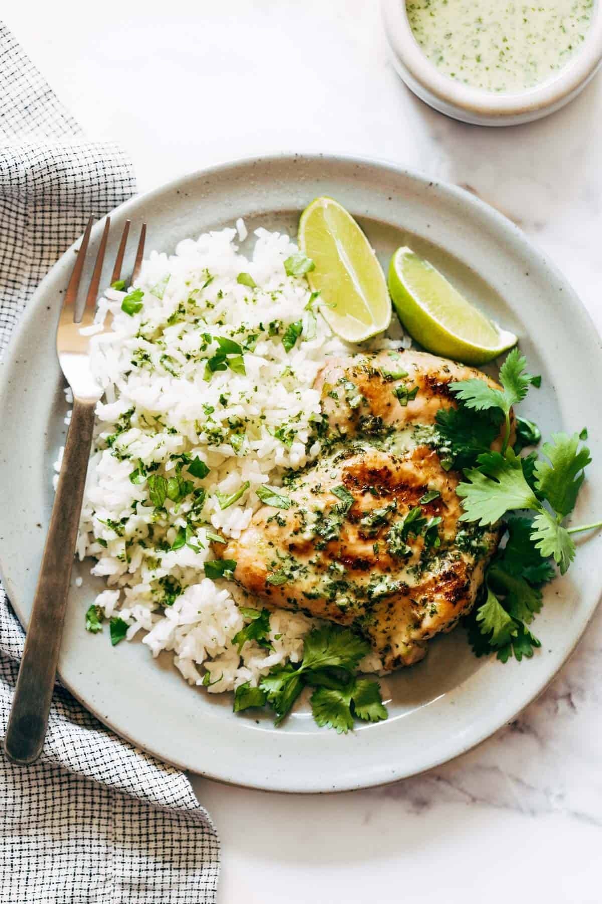 Coconut grilled chicken with rice.