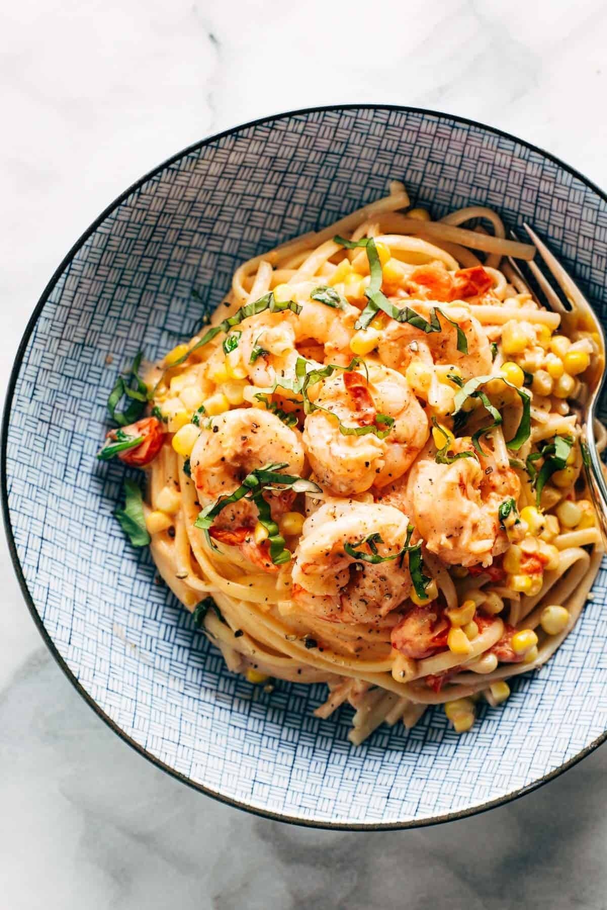Creamy tomato pasta with shrimp.