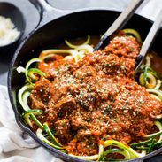 Creamy Vodka Steak Pasta in a pan with zoodles.