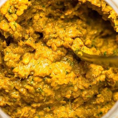 Homemade Yellow Curry Paste in a food processor.