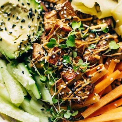 Dynamite Plant Power Sushi Bowl with carrots, cucumber, avocado, ginger and tofu.