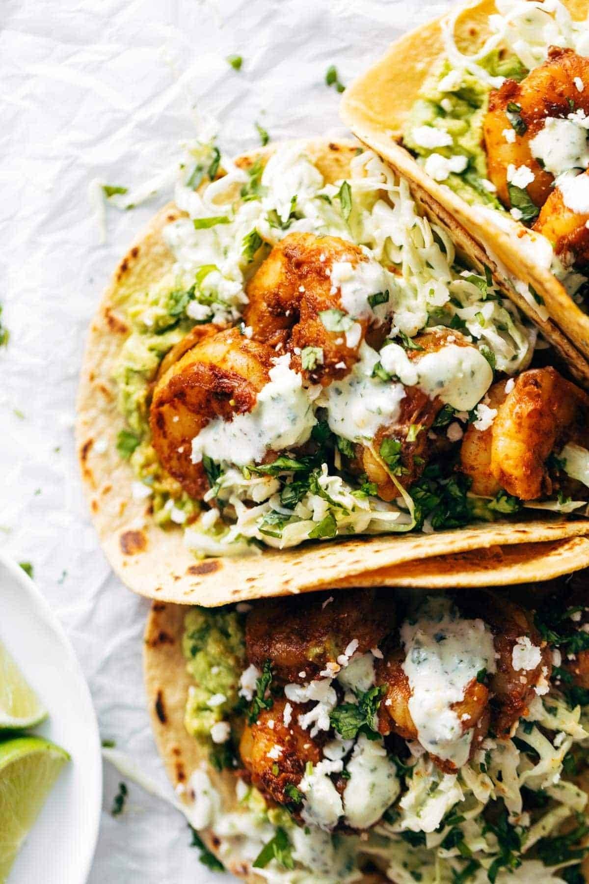 Spicy shrimp tacos with slaw.