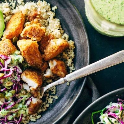 Fish taco bowls with slaw.