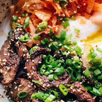 Korean BBQ Yum Yum Rice Bowls in a bowl with fork.