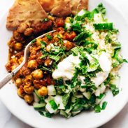 Moroccan Chickpeas in a bowl with couscous.