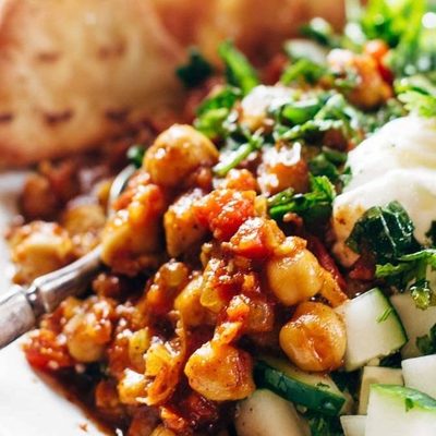 Moroccan Chickpea Bowl with cucumber.