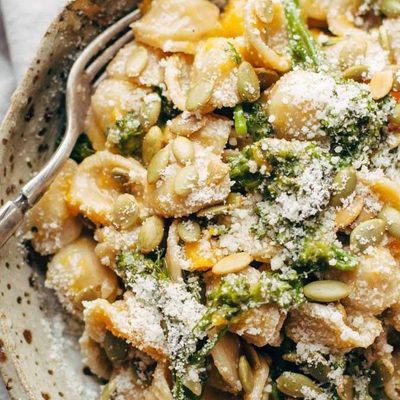 Creamy Parmesan Orecchiette in a bowl with fork.