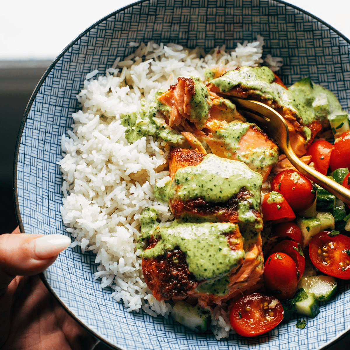 Salmon with rice, tomatoes, and green sauce.