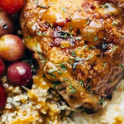 Skillet Chicken with Grapes and Caramelized Onions on a plate.