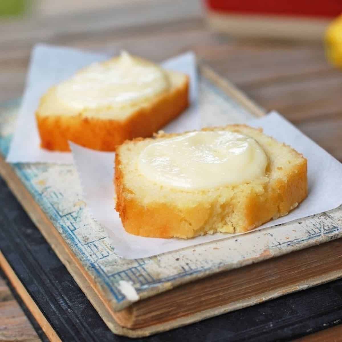 Honey butter spread on a homemade lemon loaf. 