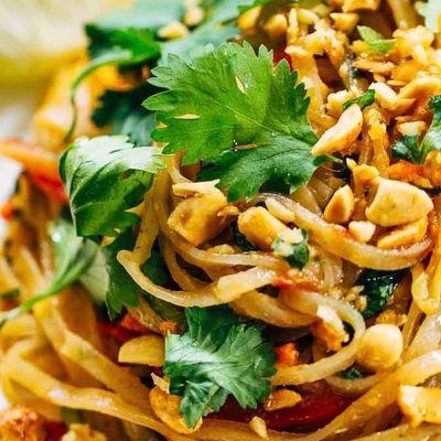 Rainbow Vegetarian Pad Thai on a plate with cilantro.